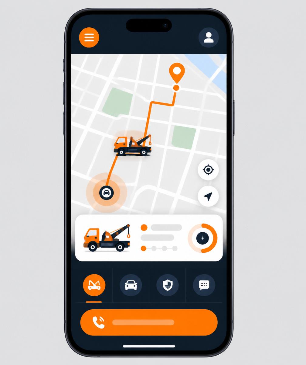 TowMe mobile app showing live tow tracking